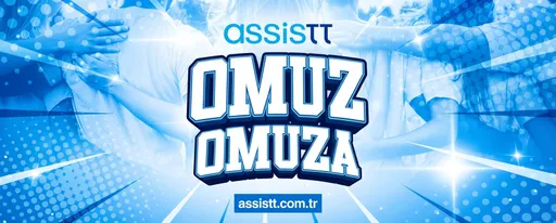 Prompt: Design a Keyvisual for Assistt. I've shared reference images for the Assistt logo. Our slogan will be "Shoulder to Shoulder". All text will be in Turkish. You can replicate the design in the reference images, just changing the colors.