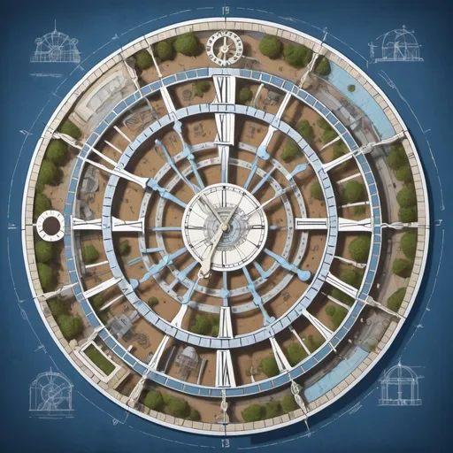 Prompt: Blueprints to a giant theme park in the shape of a clock face.
Top view only