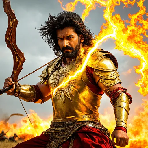 Prompt: prabhas as brave strong ancient indian man with long hair and moustache wearing gold armor with sun design wielding a powerful large bow and a yellow lightning bolt in his hand with fire effect , in a battlefield,yellow lightning and golden aura fighting  battle