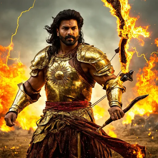 Prompt: prabhas as brave strong ancient indian man with long hair and moustache wearing gold godly armor with sun design wielding a powerful large bow and a yellow lightning bolt in his hand with fire effect , in a battlefield,yellow lightning and golden aura fighting  battle