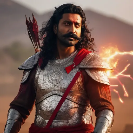 Prompt: vicky kaushal as brave strong ancient indian man with long hair and moustache , and a glowing dot on his forehead ,wearing silver armor with large bow and a red lightning arrow in his hand with fire effect , in a battlefield,