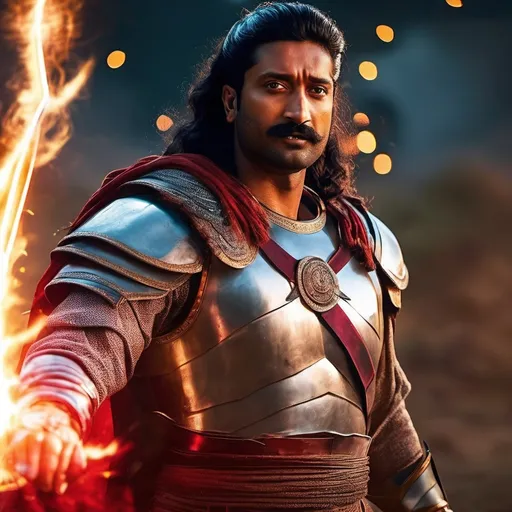 Prompt: vicky kaushal as brave strong ancient indian man with long hair and moustache , and a glowing light his forehead ,wearing silver armor with large bow and a red lightning arrow in his hand with fire effect , in a battlefield,