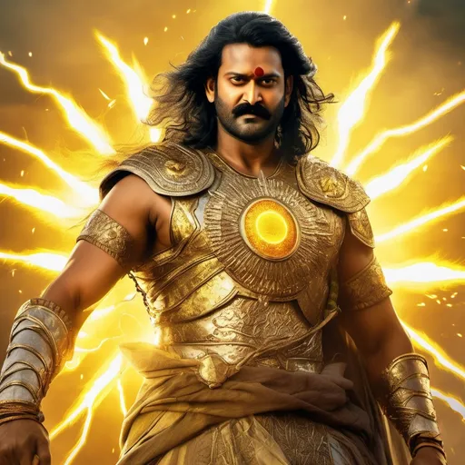 Prompt: prabhas as brave strong ancient indian man with long hair and moustache wearing gold armor with sun design wielding a powerful large bow and a yellow lightning bolt in his hand with sun effect , in a battlefield,yellow lightning and golden aura fighting  battle