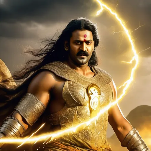 Prompt: prabhas as brave strong ancient indian man with long hair and moustache wearing gold armor with sun design wielding a powerful large bow and a yellow lightning bolt in his hand with sun effect , in a battlefield,yellow lightning and golden aura fighting  battle