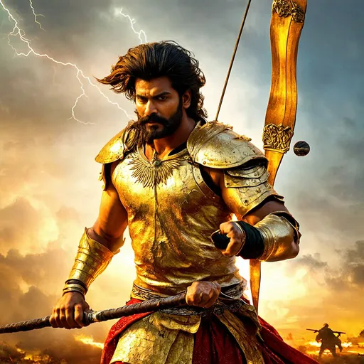 Prompt: prabhas as brave strong ancient indian man with long hair and moustache wearing gold armor with sun design wielding a powerful large bow charging in sky, in a battlefield,yellow lightning and golden aura fighting  other warrirs