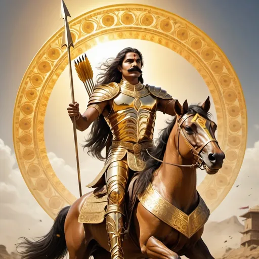 Prompt: a brave strong indian man with long hair and moustache wearing gold armor with sun design wielding a powerful large bow and sunlike radiated cellestial arrow.riding a golden chariot, in a battlefield