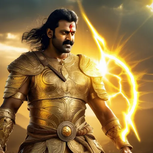 Prompt: prabhas as brave strong ancient indian man with long hair and moustache wearing gold armor with sun design wielding a powerful large bow and a yellow lightning bolt in his hand with sun effect , in a battlefield,yellow lightning and golden aura fighting  battle