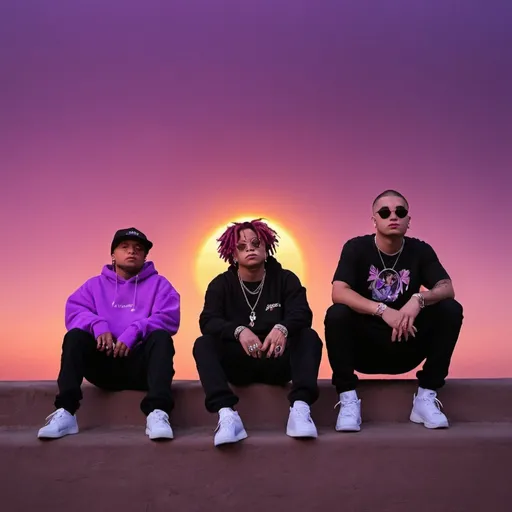 Prompt: Trippie Redd, Rauw Alejandro and Bad Bunny siting watching a dark purple sunset.