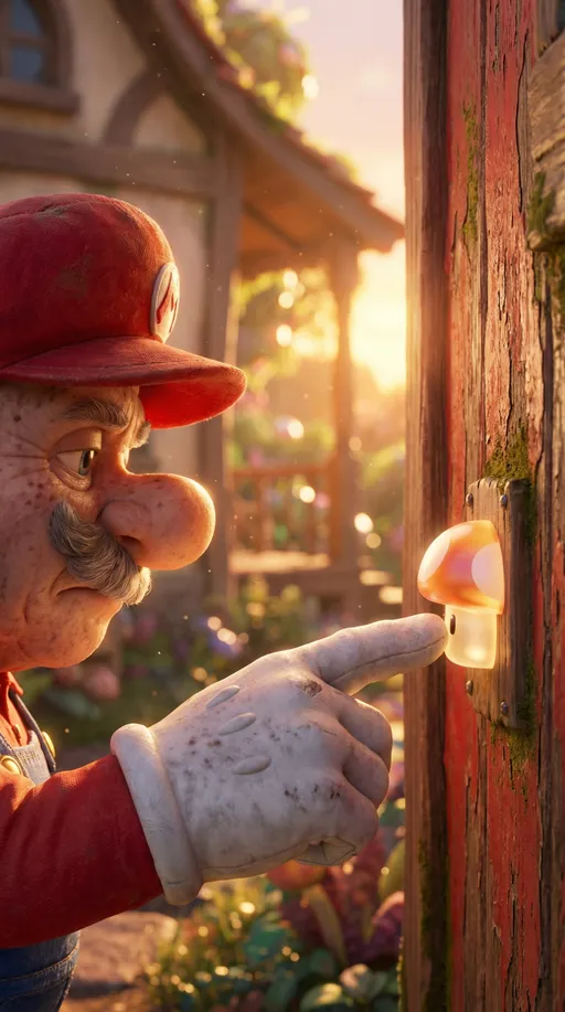 Prompt: Pixar-style 3D render, cinematic lighting, film still, shallow depth of field, bokeh, highly detailed textures, ultra-detailed fur/hair, global illumination, close-up macro shot of Mario (now elderly, deeply wrinkled skin, gray mustache, age spots, softened features, trembling gloved hand), pressing a glowing doorbell button on an aged Mushroom Kingdom cottage door decades later; warm nostalgic sunset spill, soft rim light on the finger, chipped red paint and worn wood grain, quiet emotional atmosphere, realistic material shading, sharp focus on fingertip and button, background softly blurred.