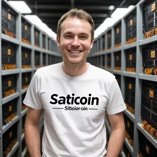 Prompt: a man smiling in a Bitcoin mining  farm with a shirt saying SATIOIN