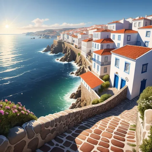 Prompt: Realistic rendering of beautiful coastal cliffs, vibrant blue ocean, traditional Portuguese architecture, cobblestone streets, warm sunlight casting long shadows, high quality, realistic style, vibrant colors, detailed textures, coastal scenery, sunny day, traditional buildings, historic charm, stunning view, realistic lighting