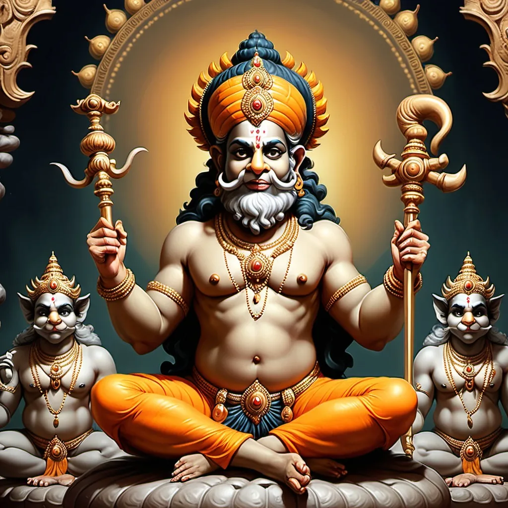 Prompt: Generate a wallpaer  of calm happy narsimha swami having 4 hands and each hand holds a different weapon of vishnu.  he is sitting with bhakt prahlad . Make it look very realistic . Make themage look like its clicked in real time