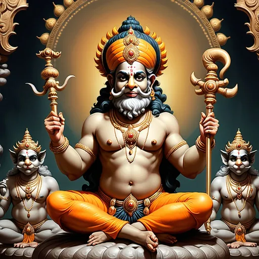 Prompt: Generate a wallpaer  of calm happy narsimha swami having 4 hands and each hand holds a different weapon of vishnu.  he is sitting with bhakt prahlad . Make it look very realistic . Make themage look like its clicked in real time