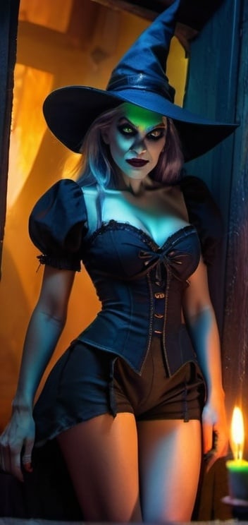 Prompt: Uhd painting, wicked witch, tiny shorts, tube top, magical atmosphere, detailed facial features, vibrant colors, dramatic lighting, fantasy, highres, ultra-detailed, witchcraft, cool tones, intense gaze, professional, atmospheric lighting