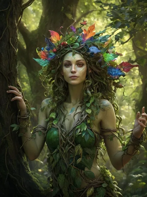 Prompt: Ultra HD, photorealistic image of a vibrant dryad, lush forest with colorful vines and leaves, detailed animalistic features, immersive natural setting, high quality, realistic, detailed foliage, enchanting, magical, colorful tones, dynamic lighting, 30 yards away perspective
