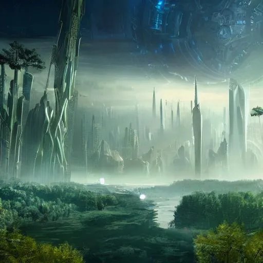 Prompt: An absolutely beautiful view of a sci-fi world. There are tall structures seen in the distance, with lots of unique looking trees.