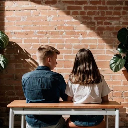 Prompt: Full class with blue brick walls sunlight and plants with a brunette girl and a blond boy sitting next to each other in desks back view
