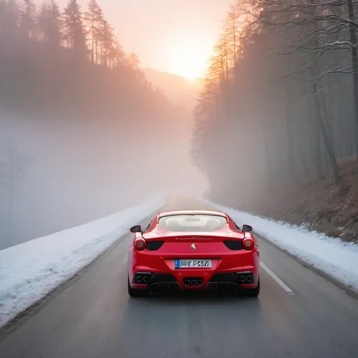 Prompt: Red Ferrari, winter, mountain road, sunrise, forest in background, light fog