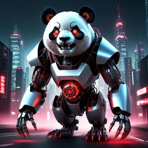 Prompt: A menacing robotic panda with glowing red eyes, metallic fur, and sharp claws. Its body is partially mechanical, with visible circuits and wires, and it has a sinister grin. The background is dark and futuristic, with neon lights and a dystopian cityscape. Attacking city