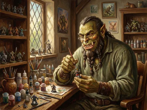 Prompt: a fun looking orc painting a gaming miniature in his work room oil painted realistic