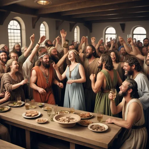 Prompt: People partying in noah's time  wearing garments on tables


