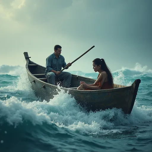 Prompt: a large rowboat in the middle of an ocean storm with only 2 workers: a tall white male and average white women sitting inside stressed looking at a smaller boat with only a Mexican woman looking lost and stressed. big waves around them
