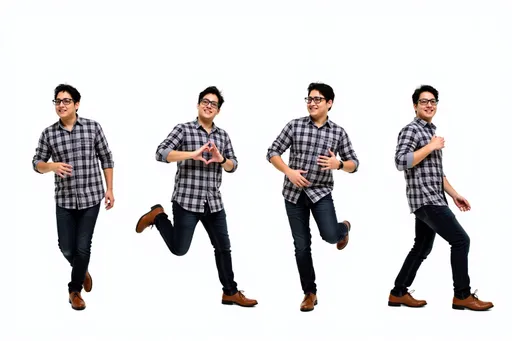 Prompt: photorealistic adult male 26ca7478 with black hair, black glasses, light skin, plaid shirt, blue collar Multiple instances of the same character in different poses on a white background. The character is shown: Dancing: mid-dance move, arms and legs in rhythmic motion, joyful expression. Making a heart shape: hands forming a heart shape in front of the chest, warm smile. Kicking: one leg extended in a kicking motion, arms for balance, determined look. Walking: mid-stride, one foot in front of the other, natural arm swing, casual pose. Background: Clean white background, providing a pristine backdrop. Ample space between poses. Character design consistent across all poses. Arrange poses in a visually pleasing composition across the image.