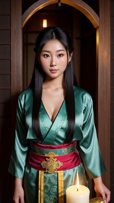 Prompt: {Ancient Japanese room}, candle lighting, satin curtains

full body portrait of a beautiful asian girl, standing under an arch, looking at the camera, oval face, mysterious black eyes, beautiful black hair, {large cleavage}, fair smooth skin, well-rounded figure, {body uncovered}, left shoulder and chest uncovered

Fantasy, detailed face, concept art, 4K, UHD, ultra quality, cinematic photography, wide angle lens, stunning epic perspective masterpiece, hyper realistic, intricate artwork detailed, special effects 3D octane render movie concept art