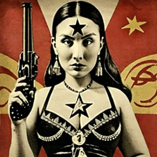 Prompt: Glam fat mexican cowgirl with a gun and communist flag
