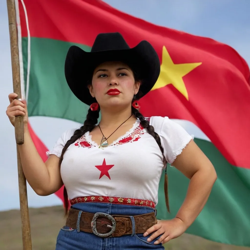 Prompt: fat Mexican cowgirl with communist flag 