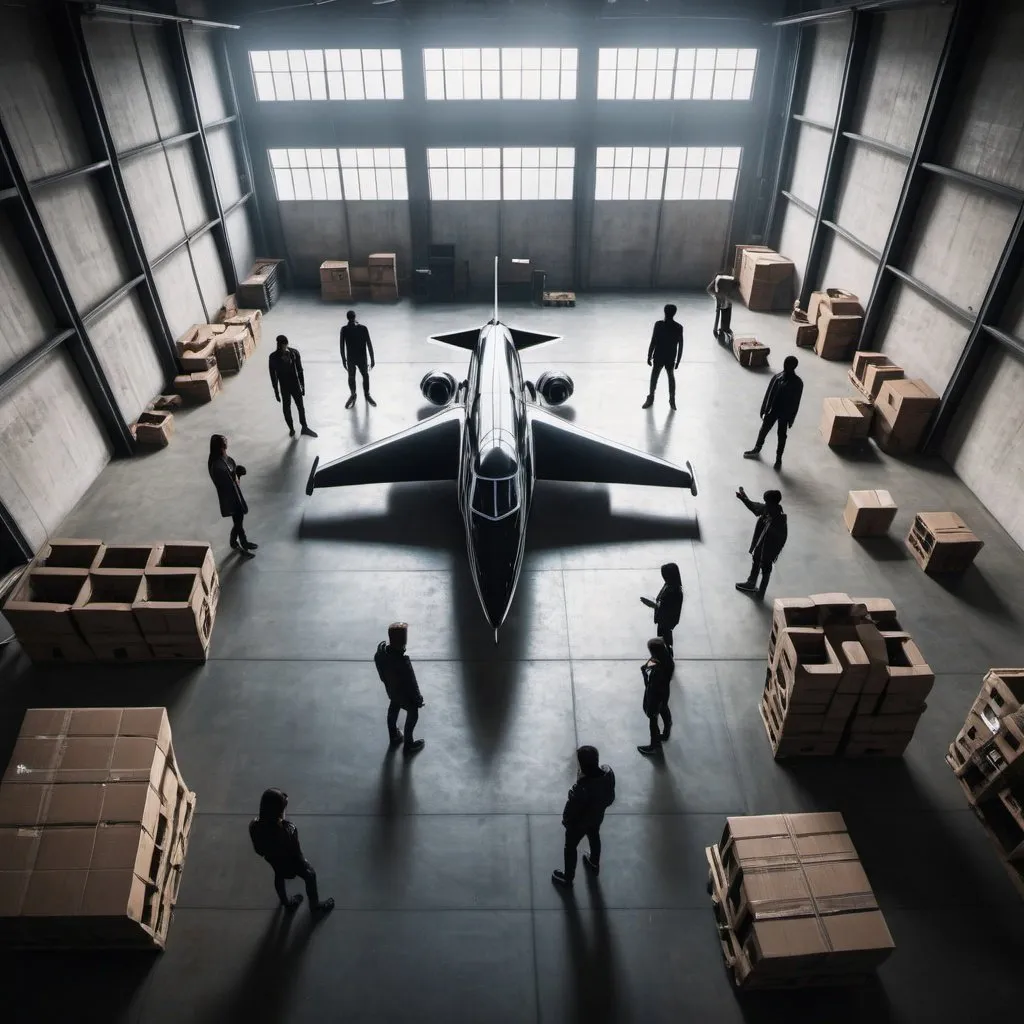 Prompt: futuristic warehouse with a jet, photo from the top angle with FIVE black silhouettes just five, of young people on the floor