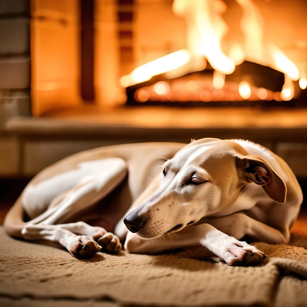 Prompt: (side view of whippet sleeping), (whole body), cozy ambiance, warm light from the fireplace, soft shadows, tranquil atmosphere, ultra-detailed fur texture, elegant shape of the whippet, crackling fire in the background, flickering flames, inviting warmth, muted colors, homey setting, peaceful and serene mood, 4K quality, capturing the essence of comfort and relaxation.