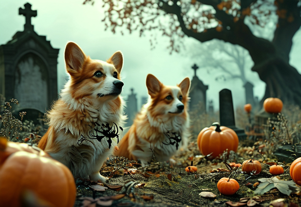 Prompt: (surrealism style), (medium shot of 2 Pembroke Corgis in a spooky, old cemetery), whimsical, intricate textures resembling (Leonardo Da Vinci's artwork), soft warm golden lighting accentuating fine details, ultra-detailed, ghostly atmosphere, Halloween elements, ethereal, eerie and unsettling vibe, haunting backgrounds with shadowy figures, mystical fog enveloping the scene, rich and diverse, textured colors for added depth.