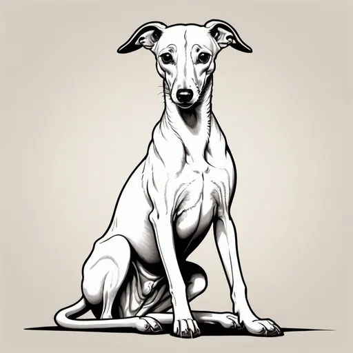 Prompt: (Whippet full body), relaxing pose, crisp black ink, vintage (old-school Sailor Jerry style tattoo), bold outlines, playful cartoonish design, intricate details, vibrant and appealing art style, minimalistic, no distractions, captivating, can evoke nostalgia, smooth textures, high contrast, focusing on the elegance and grace of the Whippet against a brilliant white background, made for an extraordinary decorative artwork.