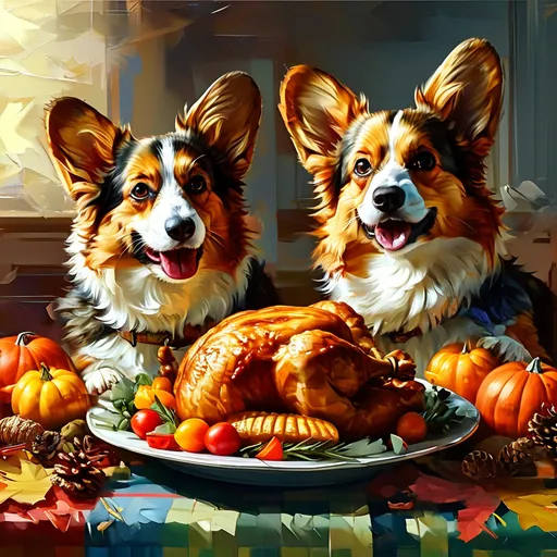 Prompt: Image of 2 Pembroke Corgis (blonde and white fur), (celebrating Thanksgiving), (enjoying large roast turkey dinner),(surrealism style), (whimsical, intricate, textured) resembling (Leonardo Da Vinci's artwork), soft warm golden lighting accentuating fine details, ultra-detailed,  textured colors for added depth.