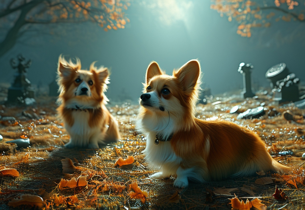 Prompt: (surrealism style), (medium shot of 2 Pembroke Corgis), intricate textures resembling (Leonardo Da Vinci's artwork), soft warm golden lighting accentuating fine details, ultra-detailed, ghostly atmosphere, Halloween elements, ethereal, eerie and unsettling vibe, haunting backgrounds with shadowy figures, mystical fog enveloping the scene, rich and diverse, textured colors for added depth.