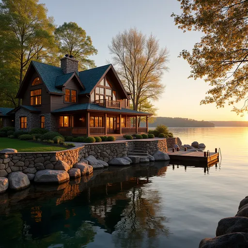 Prompt: luxury home on Lake Lanier at sunset, private dock, stone and wood exterior, trees with spring foliage, lake reflections, soft golden light, high-end real estate magazine aesthetic --ar 16:9 --v 5.2 --style raw
