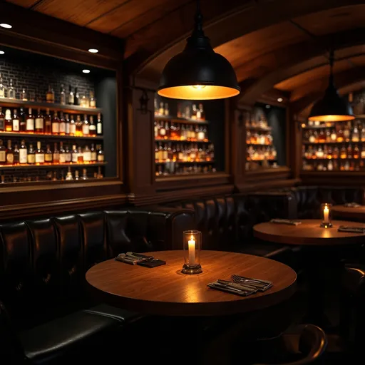 Prompt: interior of upscale masculine steakhouse, dark wood, black leather booths, warm ambient pendant lights, whiskey wall with soft glow, moody atmosphere, empty table with flickering candle --ar 3:4 --v 5.2
