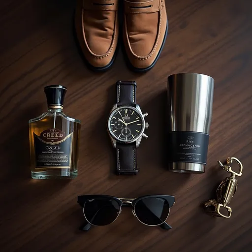 Prompt: flat lay on dark walnut table, Omega Seamaster watch, suede brown loafers, Creed Aventus cologne, Yeti tumbler, brushed gold cigar cutter, black Ray-Ban sunglasses, masculine tone, natural light --ar 3:4 --v 5.2 --style raw
