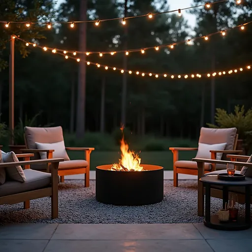 Prompt: outdoor lounge setup at twilight, matte black fire pit, teak lounge chairs on crushed stone patio, string lights glowing, bourbon glass on side table, forested backdrop, elegant masculine style --ar 3:4 --v 5.2 --style raw

