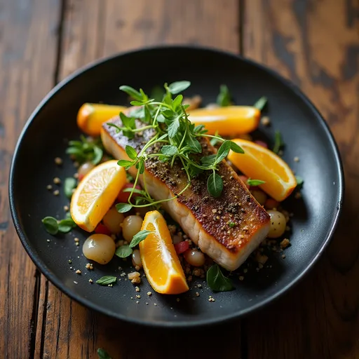 Prompt: smoked trout salad with citrus wedges and microgreens, served on matte black ceramic plate, rustic wood table background, soft top lighting, editorial food photography, clean plating --ar 3:4 --v 5.2 --style raw
