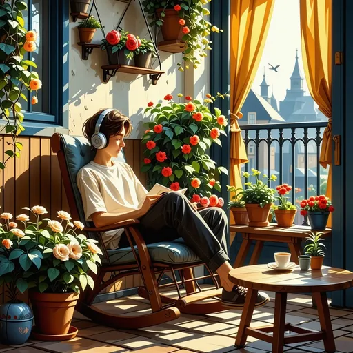 Prompt: cartoon style, cozy warm balcony with plantings, different flower plants adding colourful hues, warm color scheme, golden sunlight streaming through in the evening, peaceful ambiance, a cozy rocking chair, coffee table by the side, a college boy reading book on the chair with headphone, enjoying the evening, ultra-detailed, 4K resolution, inviting and cheerful.