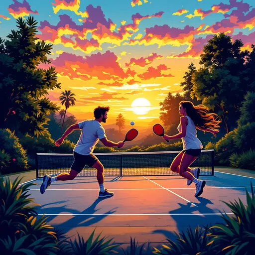Prompt: A vibrant, cartoon-style scene of two attractive couple players energetically playing pickleball on an outdoor court during sunset. The sky is ablaze with warm orange, pink, and purple hues, casting a golden glow over the scene. The court's bright colors pop against the deepening twilight, with lush greenery surrounding the area. Their movements are lively and exaggerated, emphasizing the fun and spirited nature of the game. One of the player is running in the court, ready to catch the ball with paddle when the ball is coming. The scene is lively, cheerful, and full of motion, with vivid, saturated colors that enhance the playful atmosphere. 