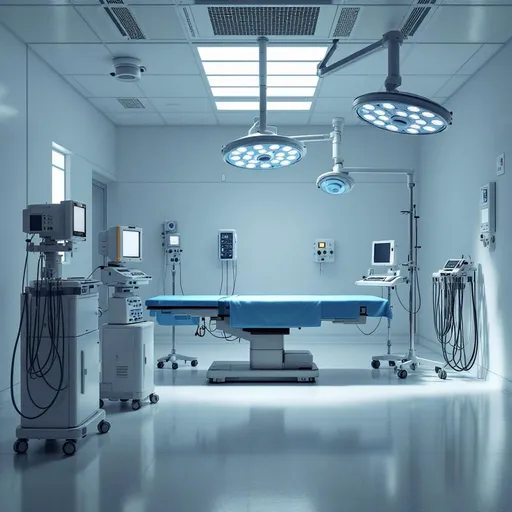 Prompt: create an image of an empty operating room with an OR table and anesthesia machine