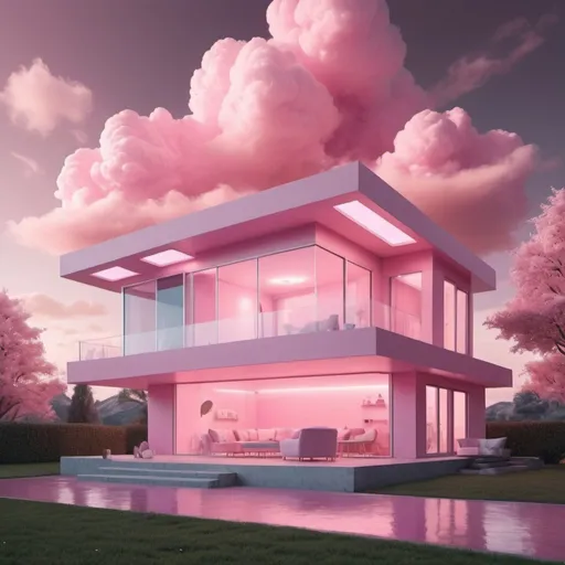 Prompt: A high quality camera photo of a house in style of: pastel pink color, magical and unique design, futuristic, hyper realistic, 4k, pink lights, life-like, natural background, pink clouds, photorealism