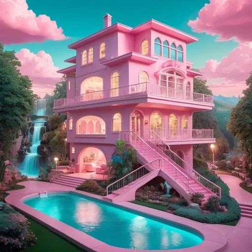 Prompt: A two-story soft-pink house, futuristic house, David LaChapelle core, magic realism, kinkade, concept art, aqua-slide, pool, night scenario, not-common house shape, cute decoration, with trees in the background and a pink sky with clouds and a waterfall