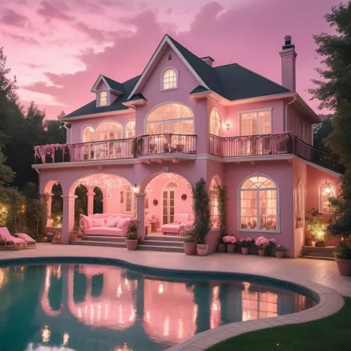 Prompt: Soft pink 2-story but big house, mystical and fairy aesthetic with beautiful lights in the room, with windows, balcony, and a slide to the pool, pink clouds at night and a comforting and beautiful outdoor environment 