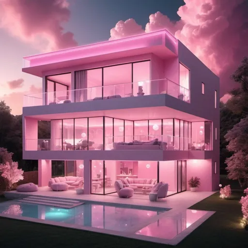 Prompt: Soft pink 2-story house, mystical, futuristic vibe with beautiful lights in the room, modern appearance, with windows and balcony, pink clouds at night and beautiful outdoor environment  