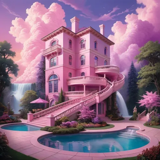 Prompt: a modern soft pink building with a beautiful staircase leading to the second floor, a pool that receives a waterfall and a waterslide coming from the second floor, behind the house is a beautiful florest and sky with pink and purple clouds, David LaChapelle, magical realism, kinkade, conceptual art