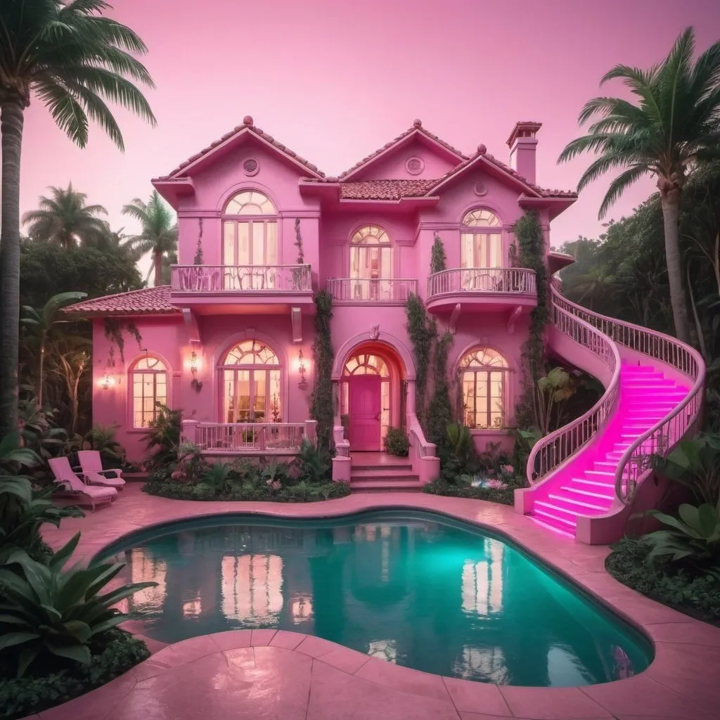 Prompt: A two-story pink house with a mystical and dreamy vibe, with a pink light coming from inside a hallway, a very beautiful pool in front with a water slide leading up to it. Beautiful vegetation all around at night. 